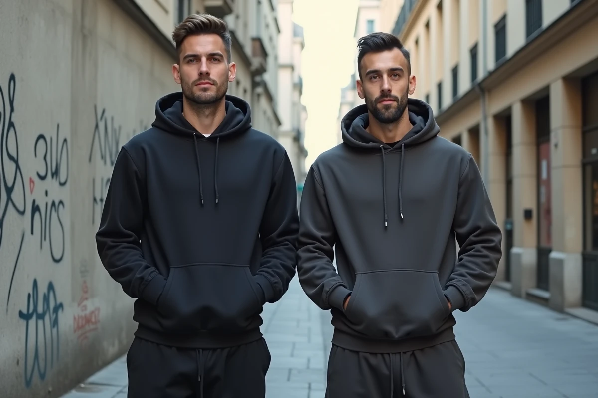 Comparaison de taille entre deux rappeurs français debout dans une rue urbaine parisienne