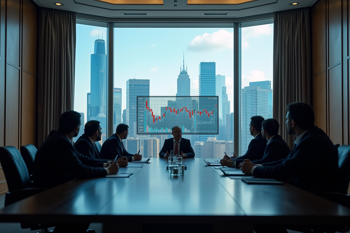 Salle de conférence de banque centrale avec économistes