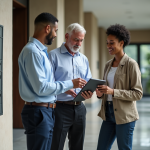 Audit énergétique en copropriété : est-il obligatoire ? Impact et démarches Consultant énergie discutant avec residents dans un hall moderne