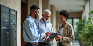 Audit énergétique en copropriété : est-il obligatoire ? Impact et démarches Consultant énergie discutant avec residents dans un hall moderne