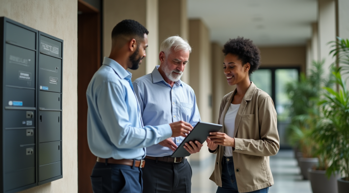 Consultant énergie discutant avec residents dans un hall moderne
