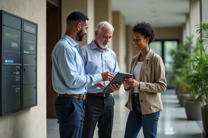Consultant énergie discutant avec residents dans un hall moderne