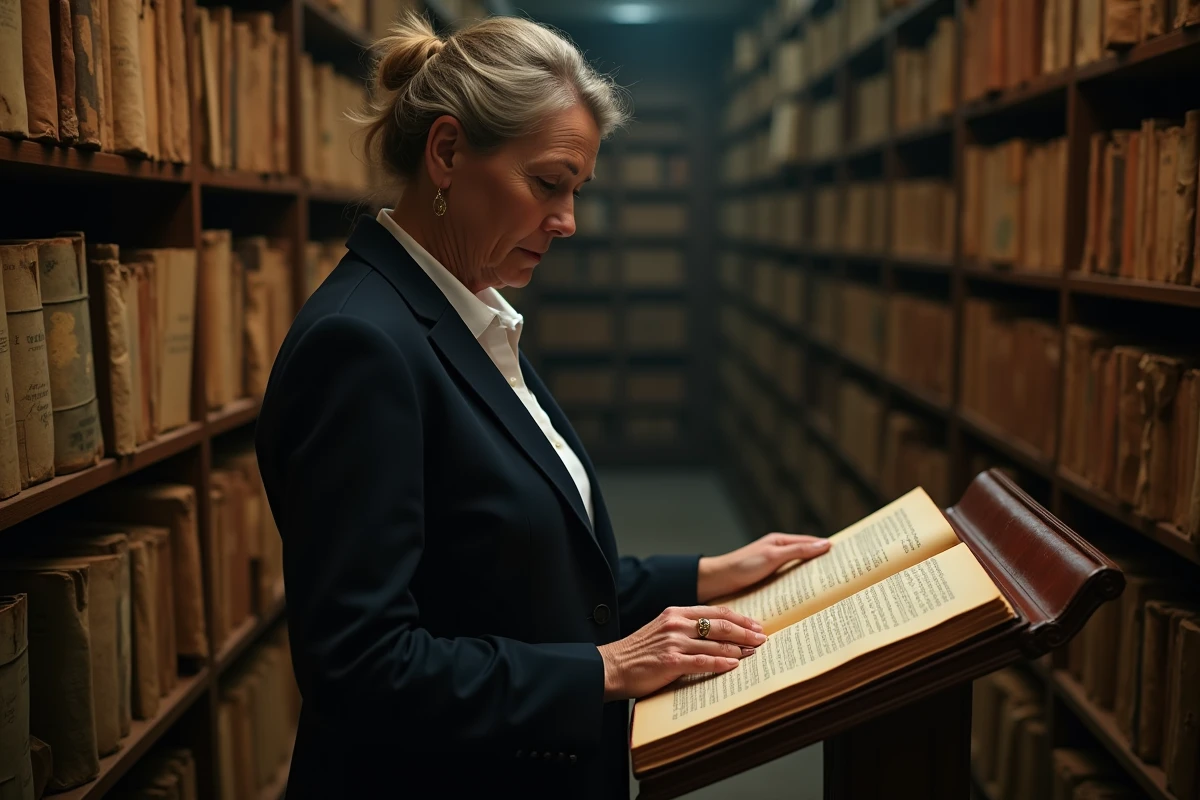 Femme consultant un registre généalogique ancien dans une salle d'archives historiques françaises, recherche des origines familiales