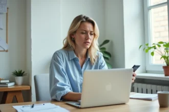 Femme utilisant un ordinateur portable et un smartphone pour contacter le service d'aide Le Bon Coin depuis son bureau à domicile