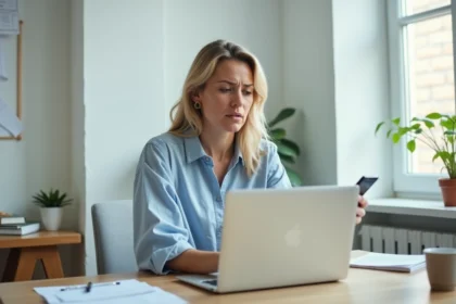 Femme utilisant un ordinateur portable et un smartphone pour contacter le service d'aide Le Bon Coin depuis son bureau à domicile