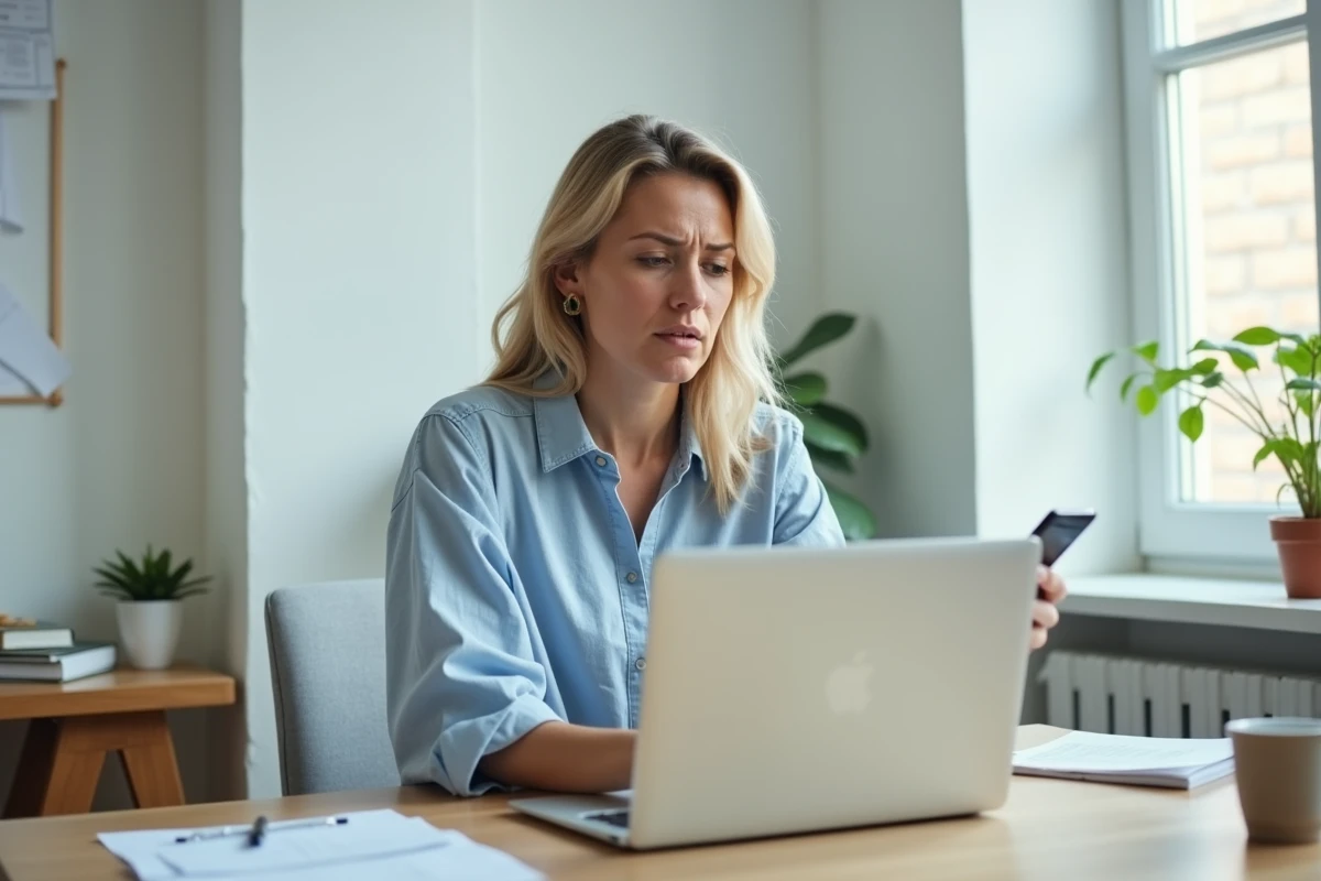 Femme utilisant un ordinateur portable et un smartphone pour contacter le service d'aide Le Bon Coin depuis son bureau à domicile