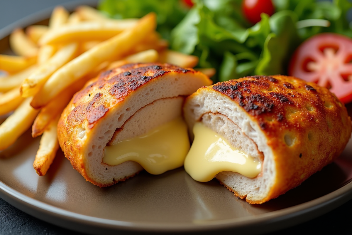 Tranche de cordon bleu avec fromage fondu et frites croustillantes