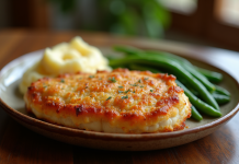 Cordon bleu doré sur assiette en céramique rustique