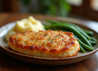 Cordon bleu doré sur assiette en céramique rustique