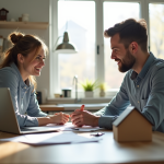Un couple dans une cuisine moderne avec papiers et clés