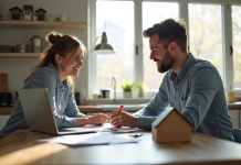 Un couple dans une cuisine moderne avec papiers et clés