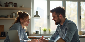 Un couple dans une cuisine moderne avec papiers et clés