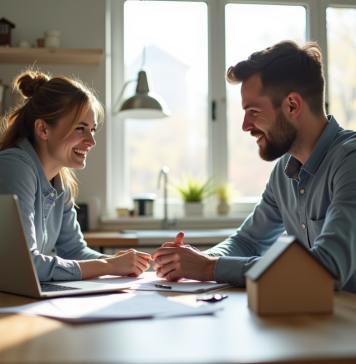 Un couple dans une cuisine moderne avec papiers et clés