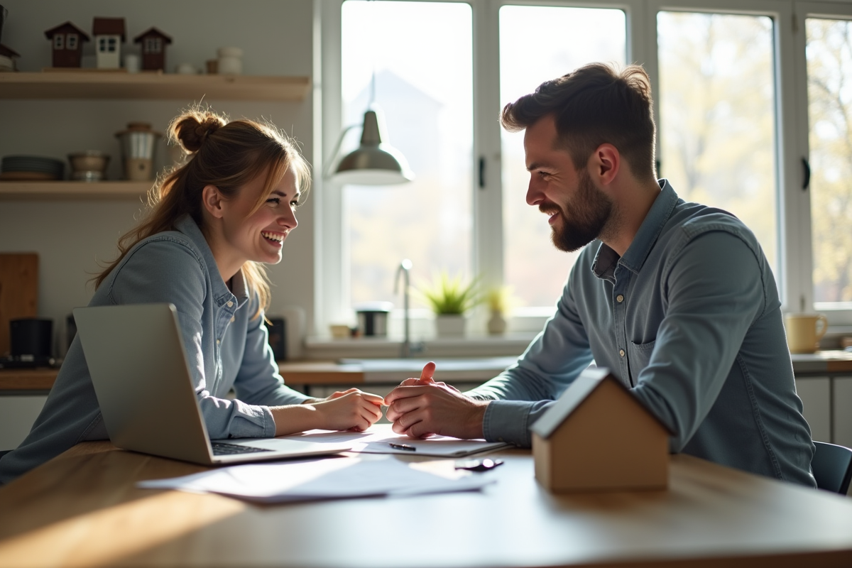 Un couple dans une cuisine moderne avec papiers et clés