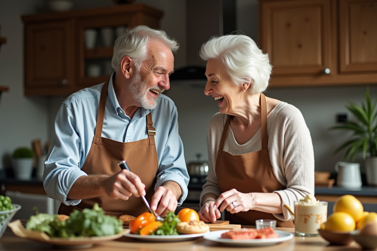 Couple âgé cuisinant ensemble dans une cuisine lumineuse