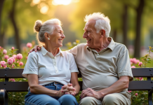 Couple âgé assis sur un banc dans un parc en fleurs
