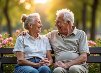 Couple âgé assis sur un banc dans un parc en fleurs