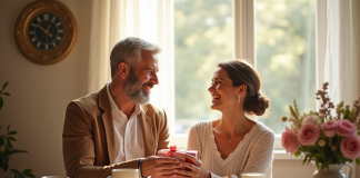 Couple mature échangeant des cadeaux lors d'un petit déjeuner romantique