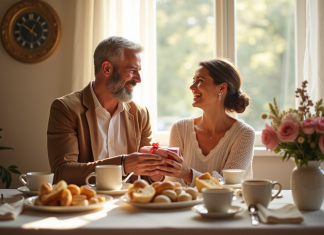 Couple mature échangeant des cadeaux lors d'un petit déjeuner romantique