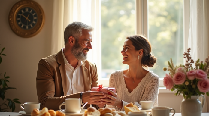 Couple mature échangeant des cadeaux lors d'un petit déjeuner romantique