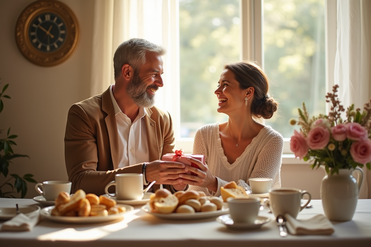 Couple mature échangeant des cadeaux lors d'un petit déjeuner romantique
