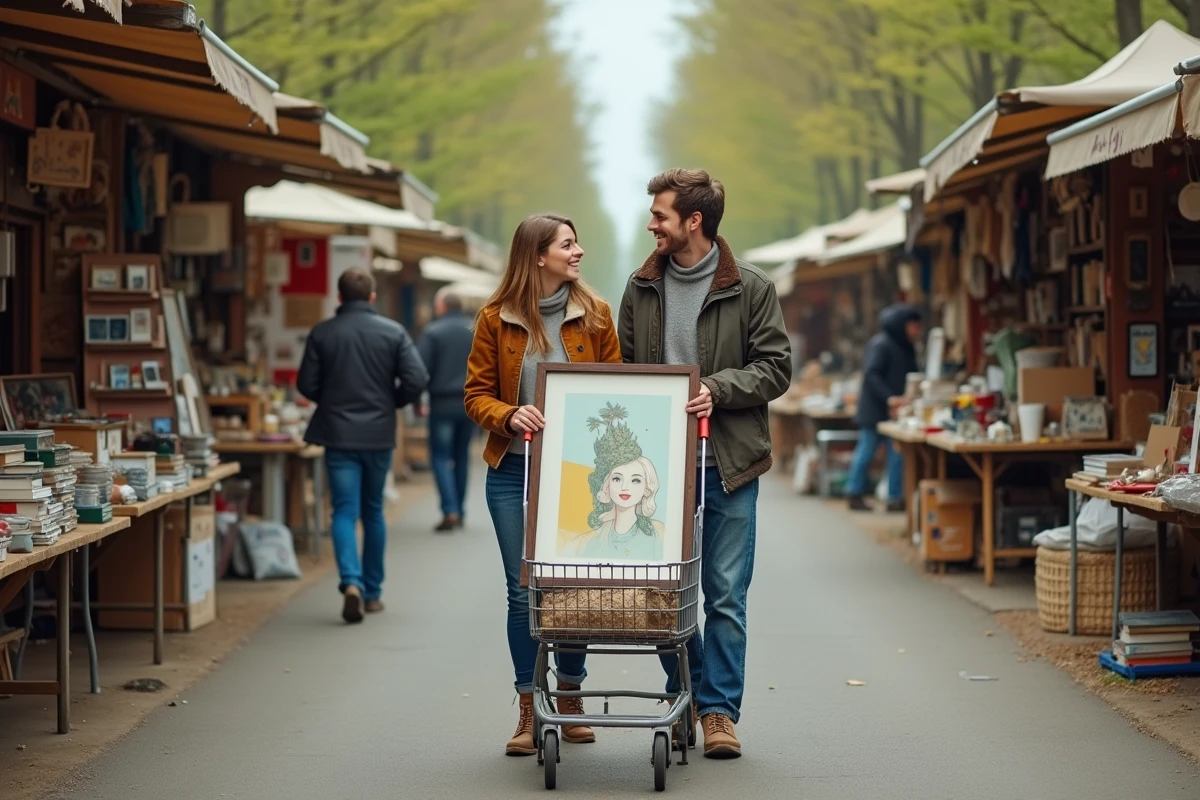 Couple riant en parcourant une grande braderie en plein air avec un caddie, tenant une affiche vintage trouvée sur un marché aux puces français