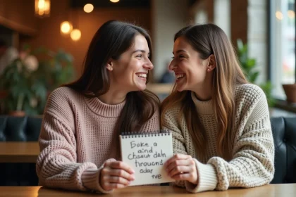Jeune couple au café avec message humoristique