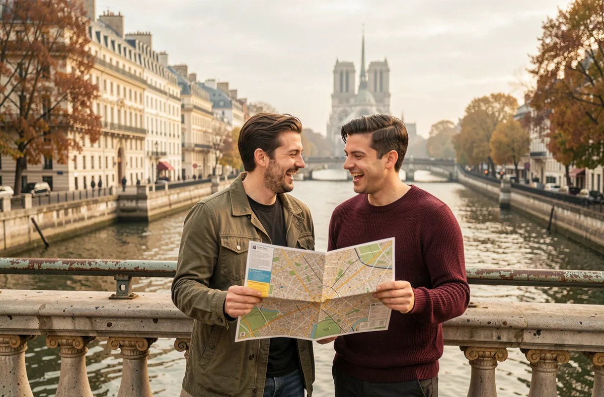 Couple regardant une carte de Paris sur le Pont des Arts avec vue sur la Seine et Notre-Dame