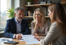 Taux de crédit hypothécaire : comment est-il déterminé en France ? Couple français examine documents de prêt immobilier dans un bureau lumineux