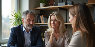 Couple français examine documents de prêt immobilier dans un bureau lumineux