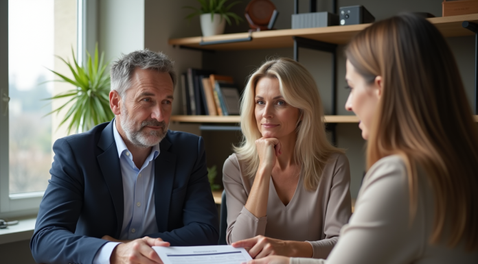 Taux de crédit hypothécaire : comment est-il déterminé en France ? Couple français examine documents de prêt immobilier dans un bureau lumineux