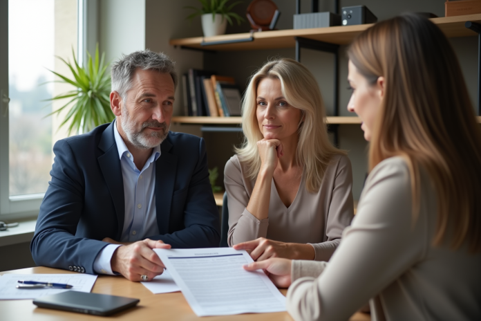 couple-contrat-hypotheque Couple français examine documents de prêt immobilier dans un bureau lumineux