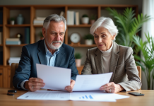 Couple d'âge moyen examinant des documents d'investissement immobilier