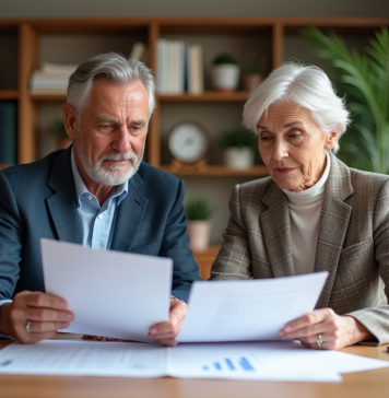 Couple d'âge moyen examinant des documents d'investissement immobilier