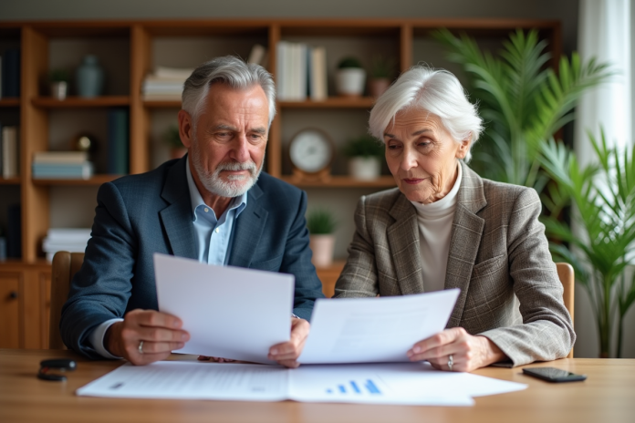 Couple d'âge moyen examinant des documents d'investissement immobilier