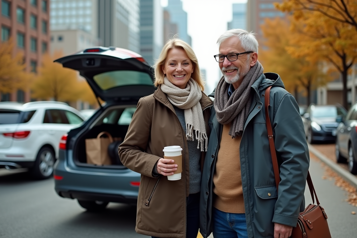 Couple avec voiture garée dans un parking urbain en automne