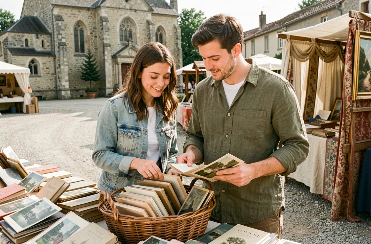 Jeune couple feuilletant de vieux livres et cartes postales dans un vide-grenier en Aveyron