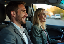Covoiturage avec son conjoint : avantages, inconvénients, conseils Couple souriant dans une voiture moderne en matinée