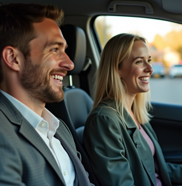 Covoiturage avec son conjoint : avantages, inconvénients, conseils Couple souriant dans une voiture moderne en matinée