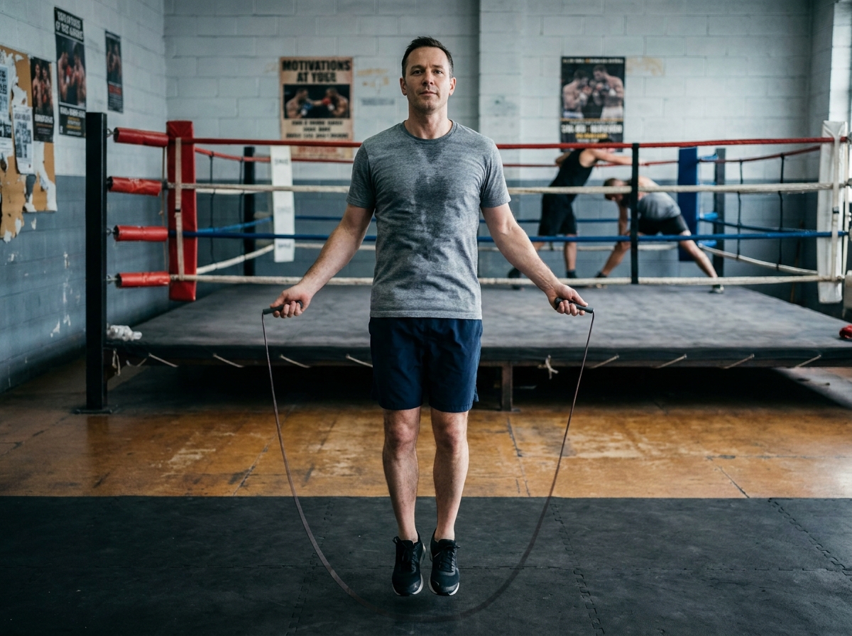 Homme qui saute à la corde dans une salle de boxe avec ring en arrière-plan, exercice cardio en cours de boxe