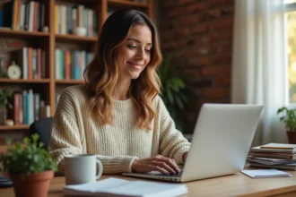 Jeune femme créant son blog personnel sur un ordinateur portable dans un bureau à domicile chaleureux et inspirant