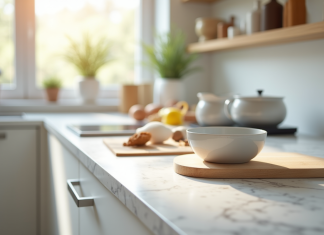 Plan de cuisine lumineuse avec ustensiles de pâtisserie