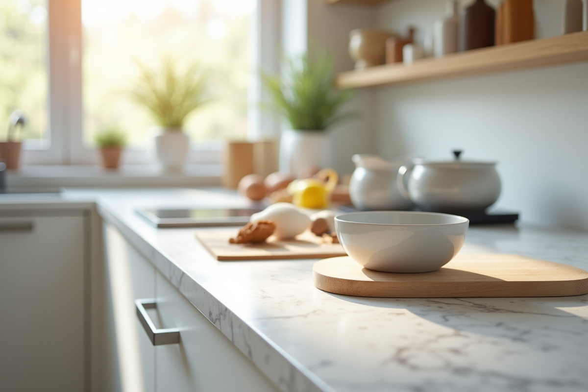 Plan de cuisine lumineuse avec ustensiles de pâtisserie