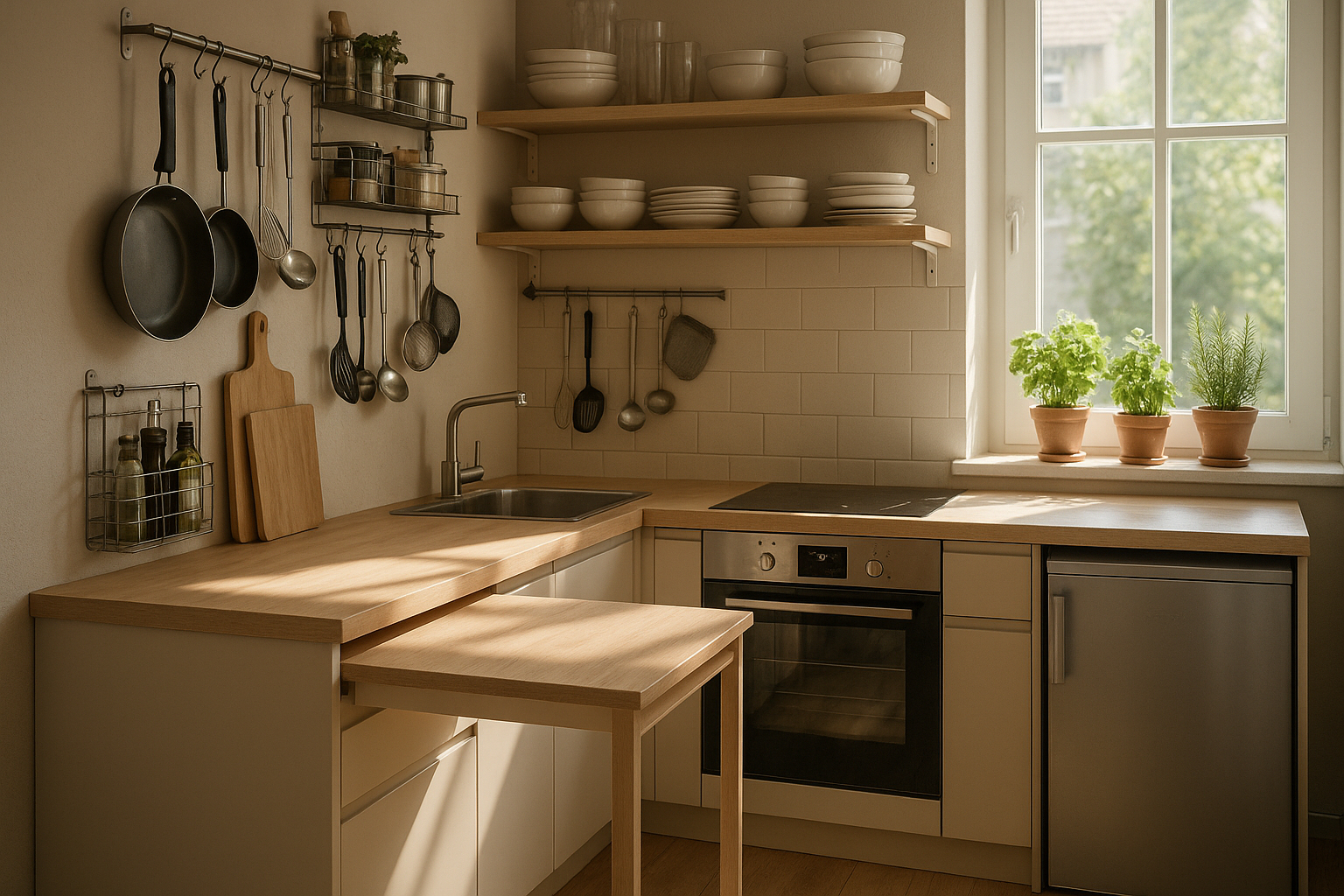 Cuisine urbaine compacte avec rangement mural et plantes