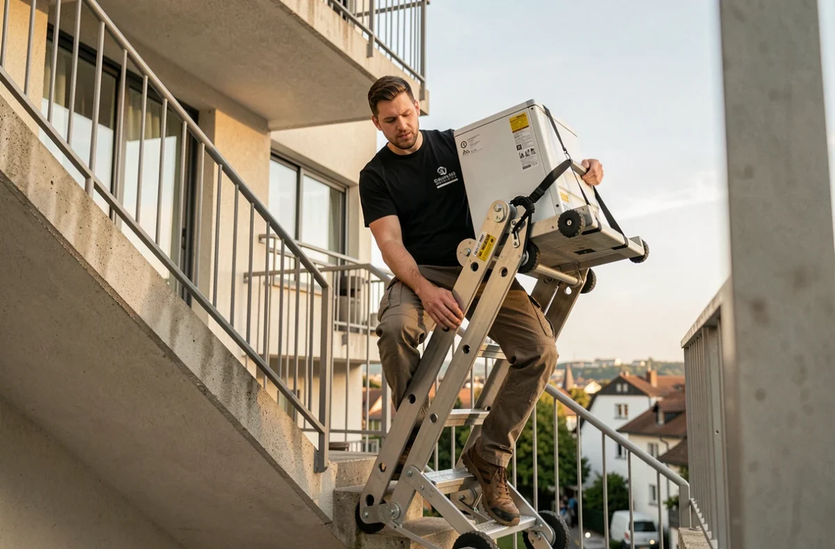 Déménageur de D-Max utilisant un diable motorisé pour monter un appareil électroménager dans un escalier extérieur en Isère