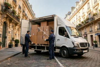 Équipe de déménageurs professionnels chargeant un camion blanc dans une rue résidentielle française en Isère