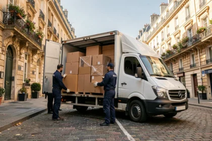 Équipe de déménageurs professionnels chargeant un camion blanc dans une rue résidentielle française en Isère