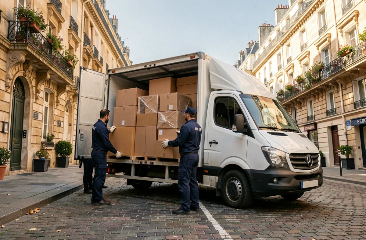 Équipe de déménageurs professionnels chargeant un camion blanc dans une rue résidentielle française en Isère