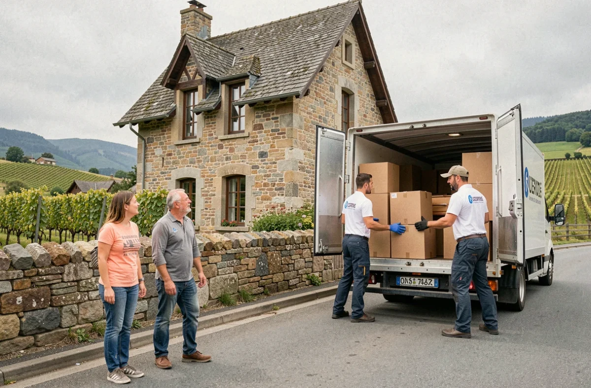 Famille observant les déménageurs de Déménagements Bassac décharger un camion devant une maison en pierre en Isère