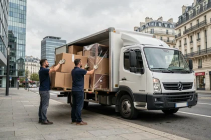 Équipe de déménageurs professionnels chargeant un camion dans une rue de Courbevoie